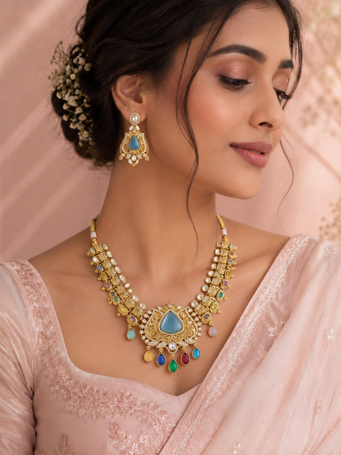 Aanura Antique Bridal Necklace with Ruby Red Stones