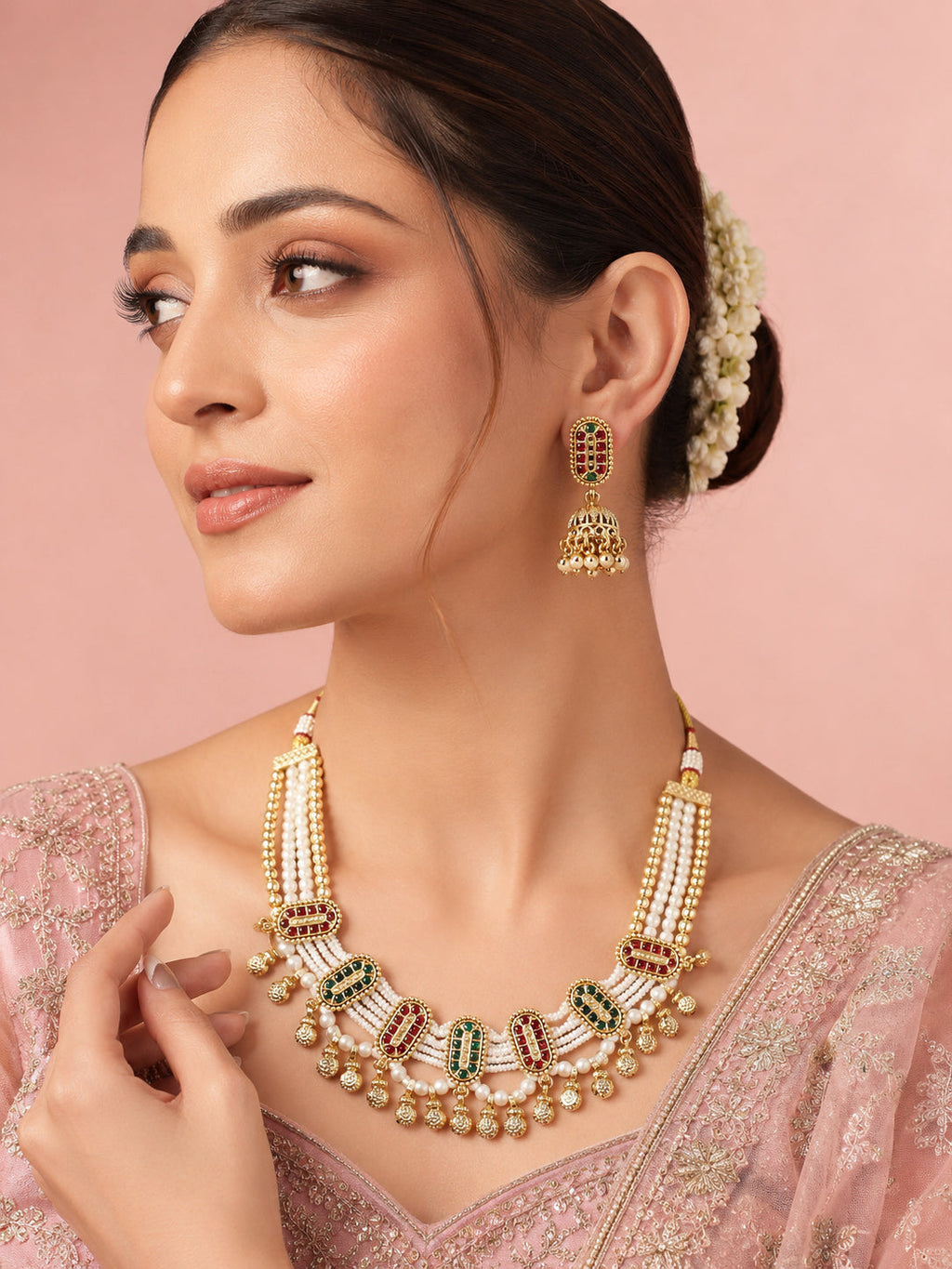 Aanura Multi-Strand Pearl Necklace with Kundan Earrings