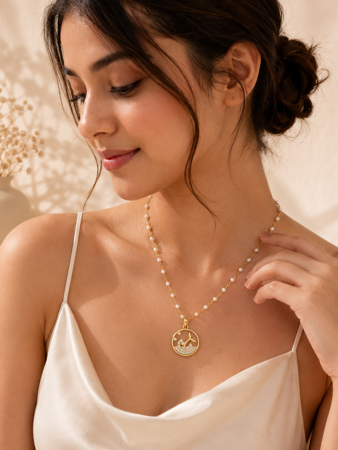 Pearl Bead Ocean Charm Necklace in 18K Gold Plating