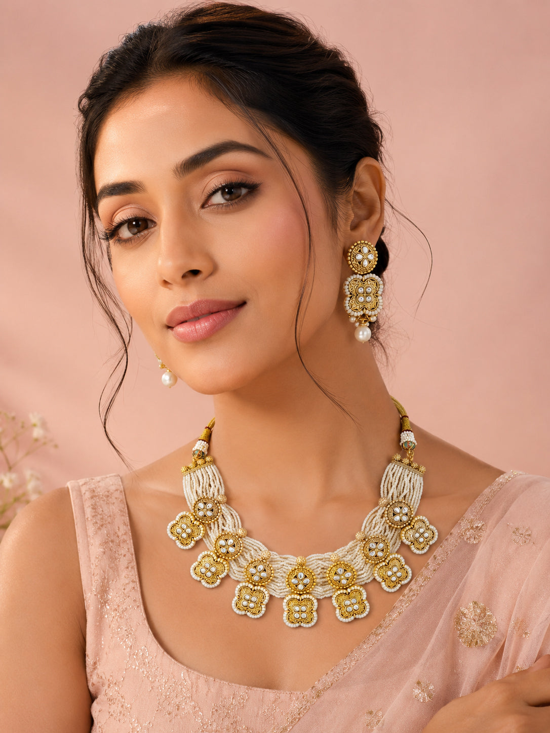 Aanura White Beaded Kundan Choker Necklace with Motifs