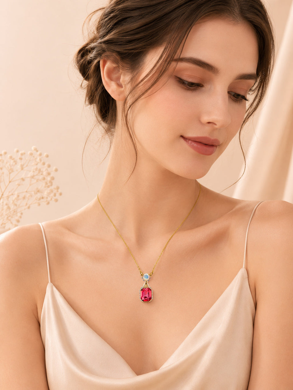 Red & Blue Crystal Drop Necklace in 18K Gold Plating