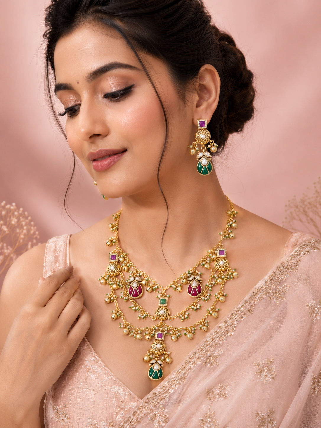 Aanura Layered Antique Necklace with Ruby Drops