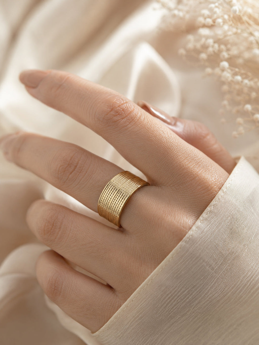 18K Gold Plated Wide Cuff Anti-Tarnish Waterproof Ring