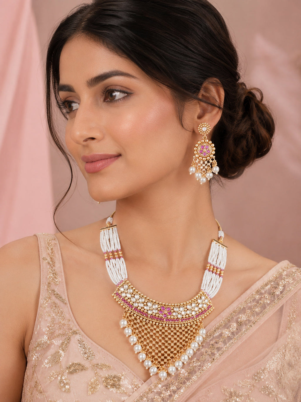 Aanura Pearl Bridal Choker Necklace with Ruby Motifs