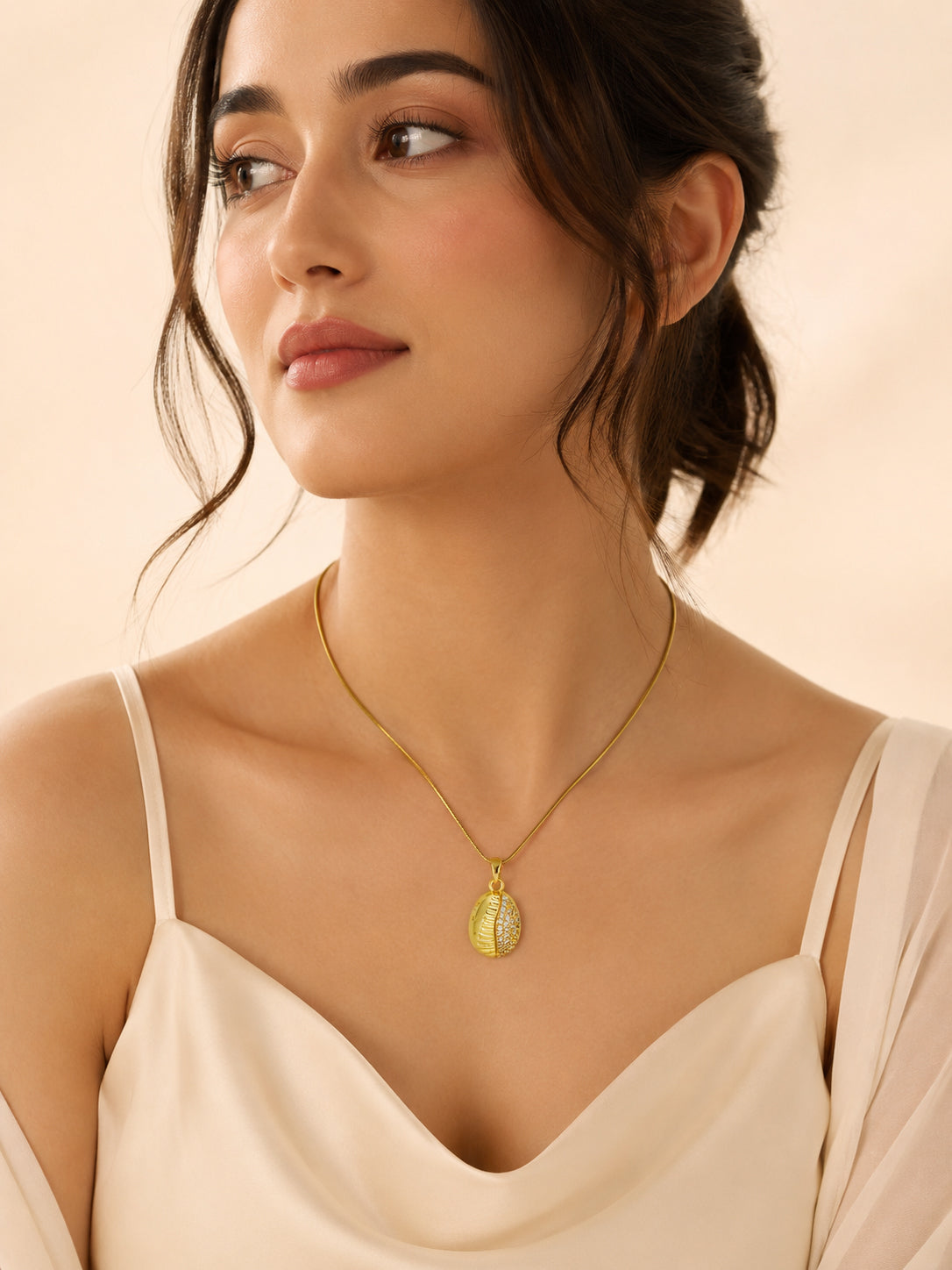 Textured Shell CZ Necklace with 18K Gold Plating