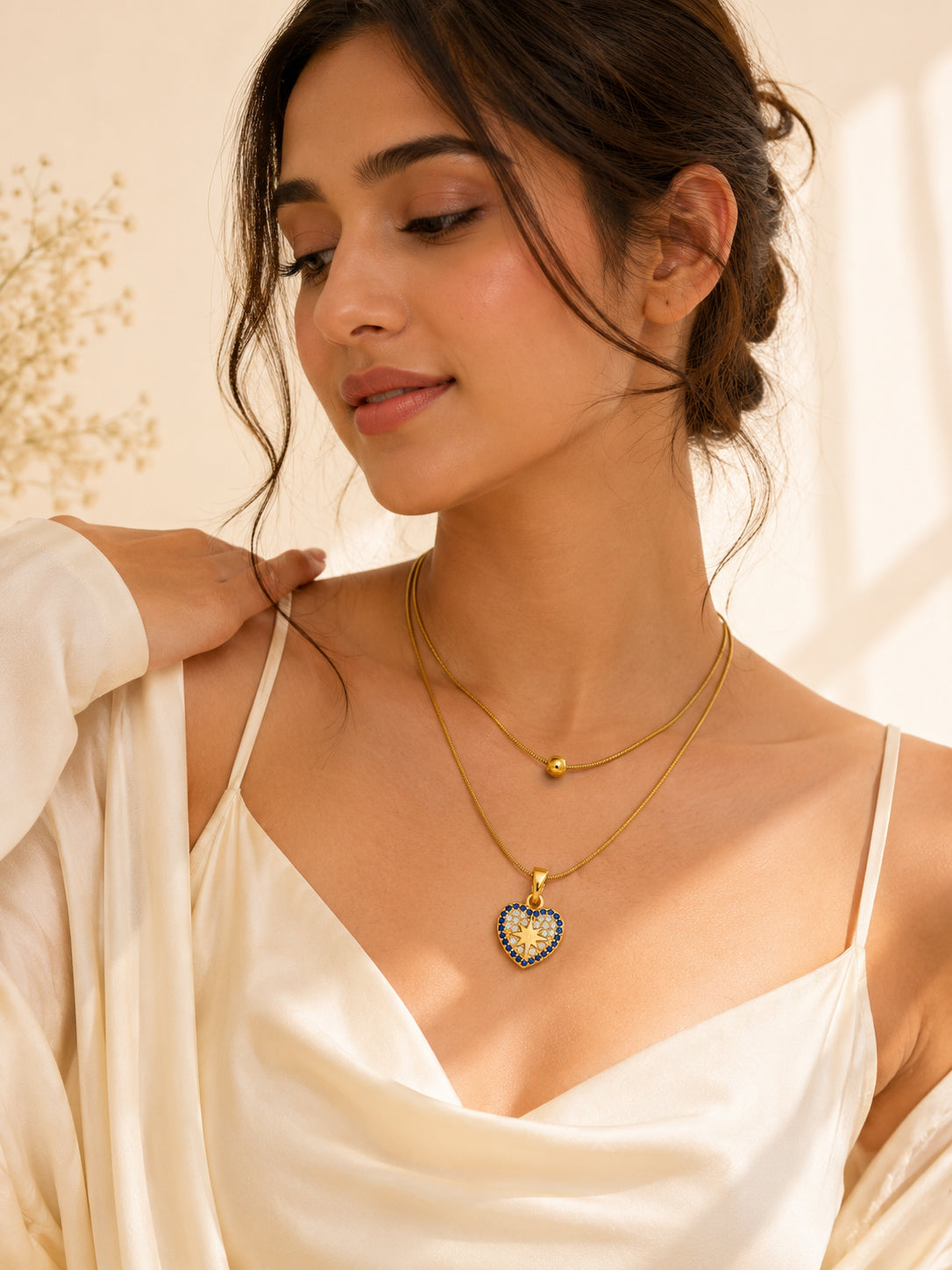Blue Stone Heart Layered Necklace in 18K Gold Plating