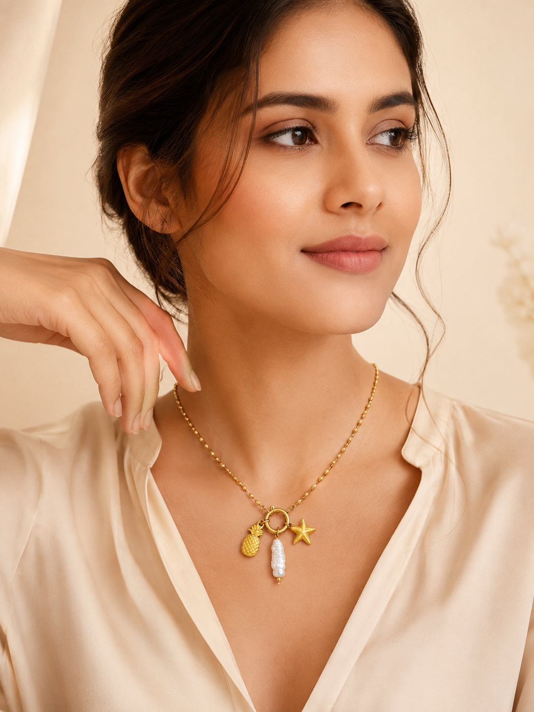 18K Gold Plated Pineapple Pearl Star Charm Necklace