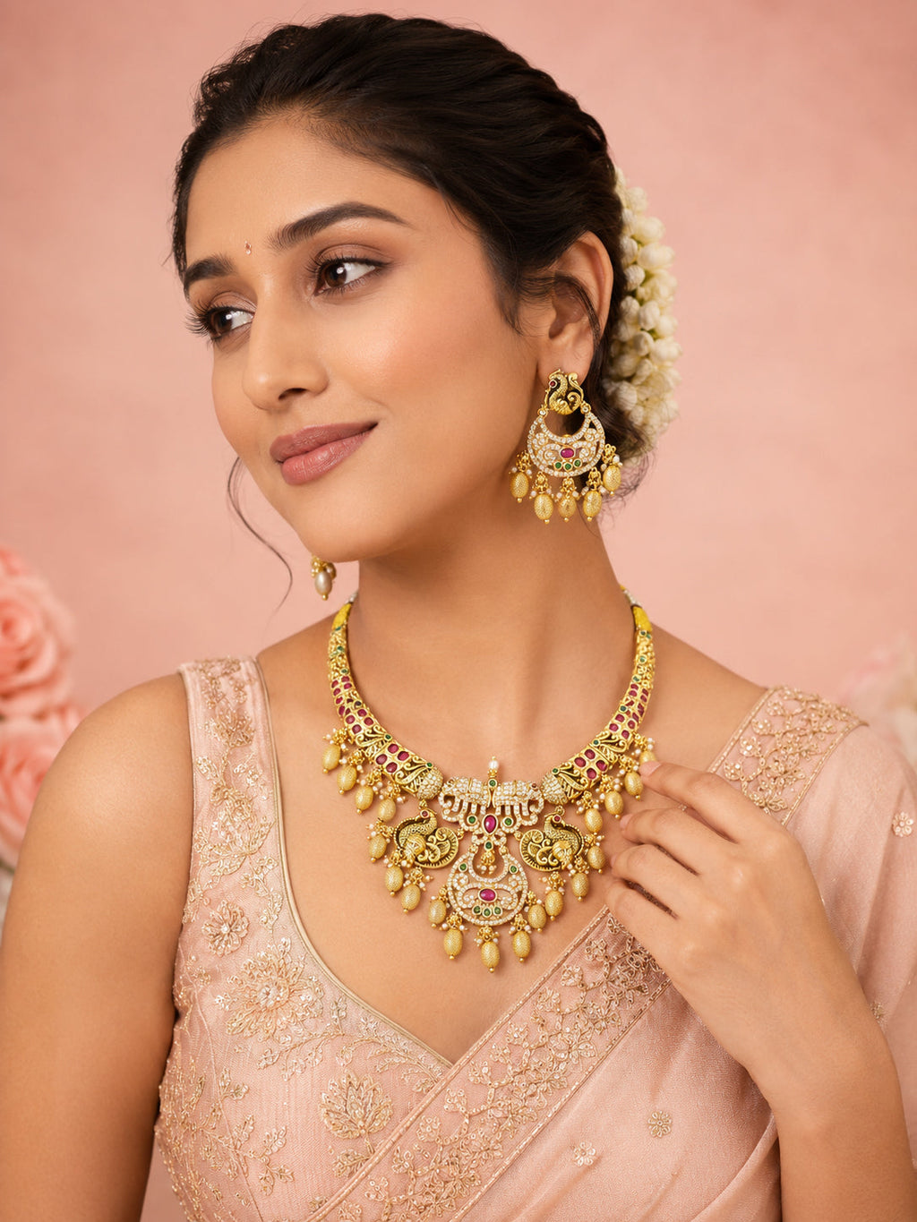 Aanura Gold Plated Temple Necklace & Earring Set