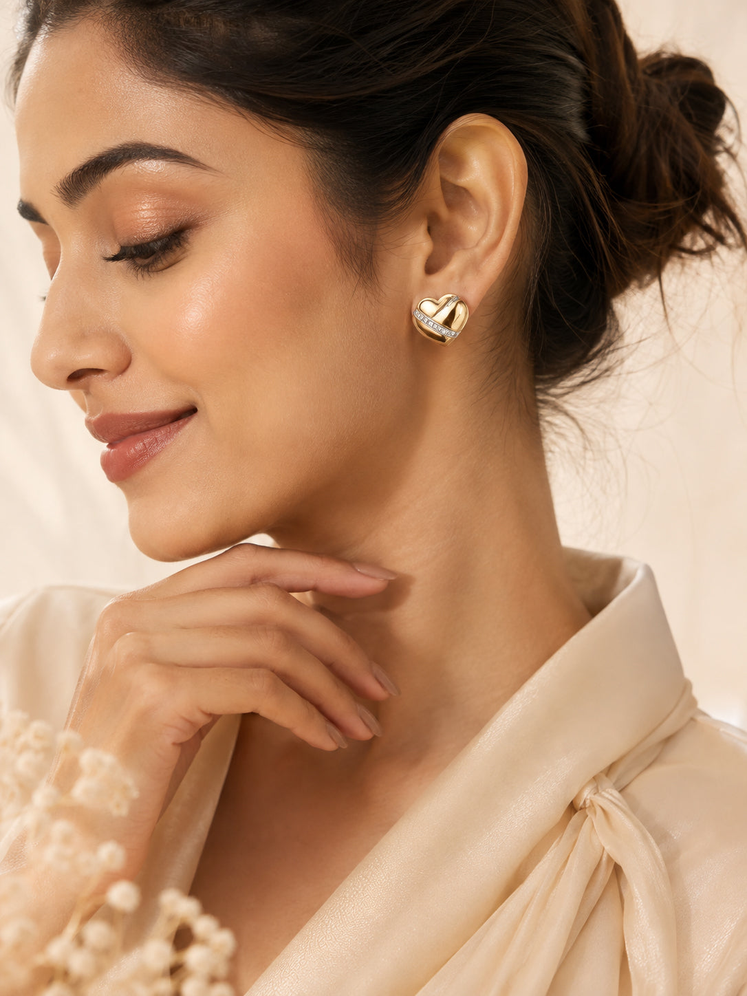 Aanura Golden Heart Crystal Stud Earrings