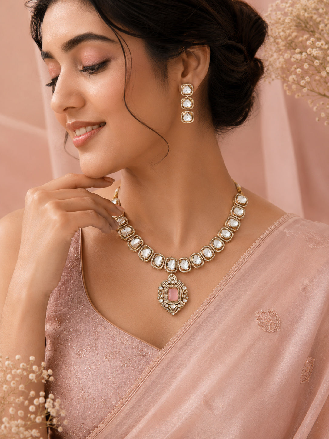 Aanura Kundan Necklace with Pink Stone Heritage Pendant