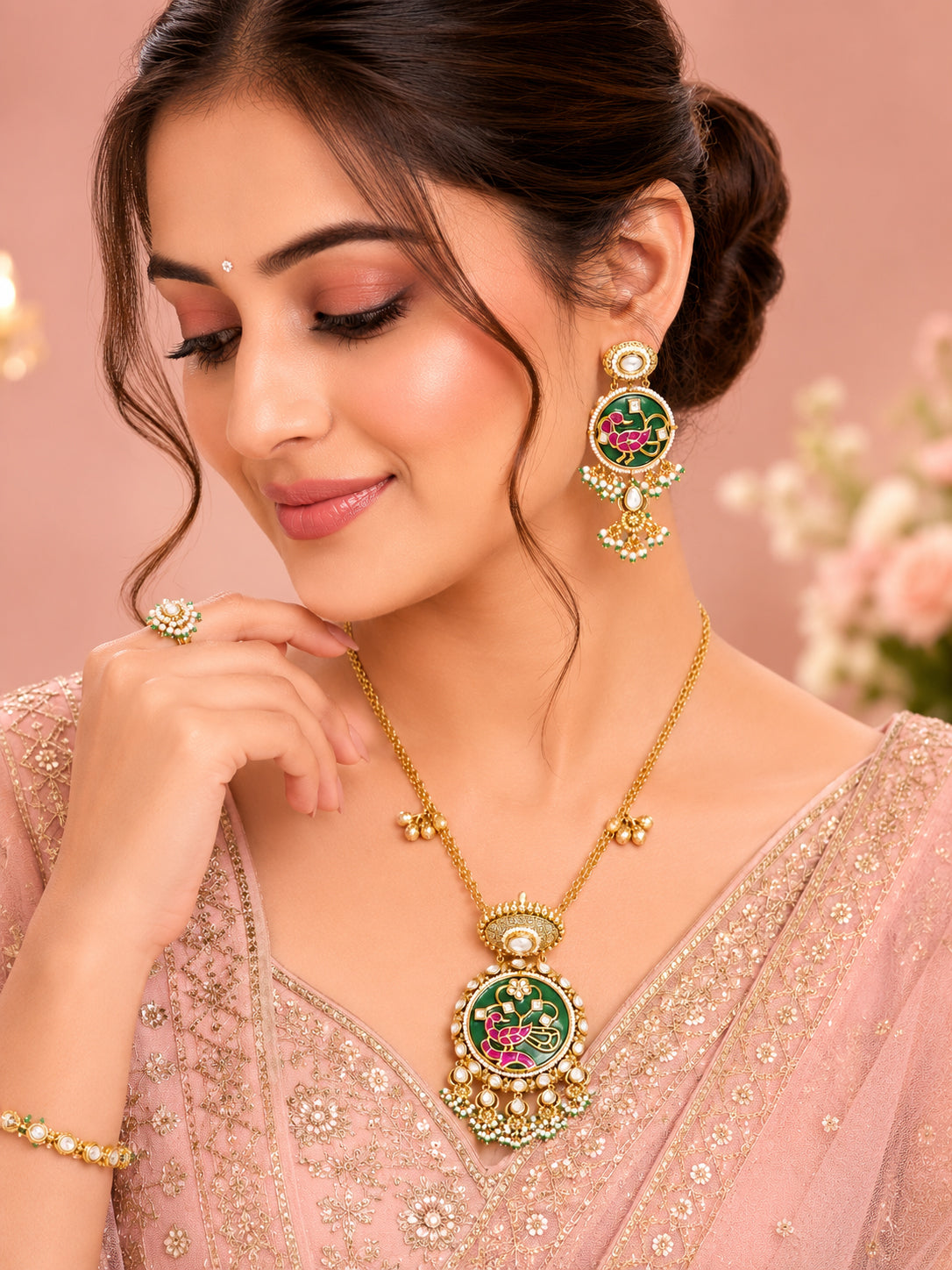 Aanura Peacock Motif Kundan Pendant Necklace Set