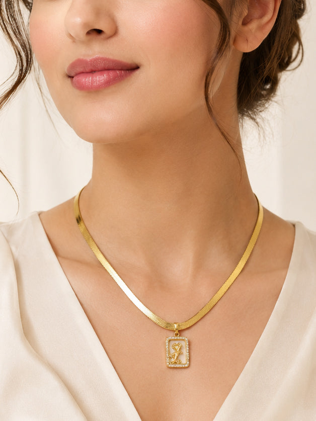 Aanura Gold Chain Necklace with Rectangle Zodiac Charm