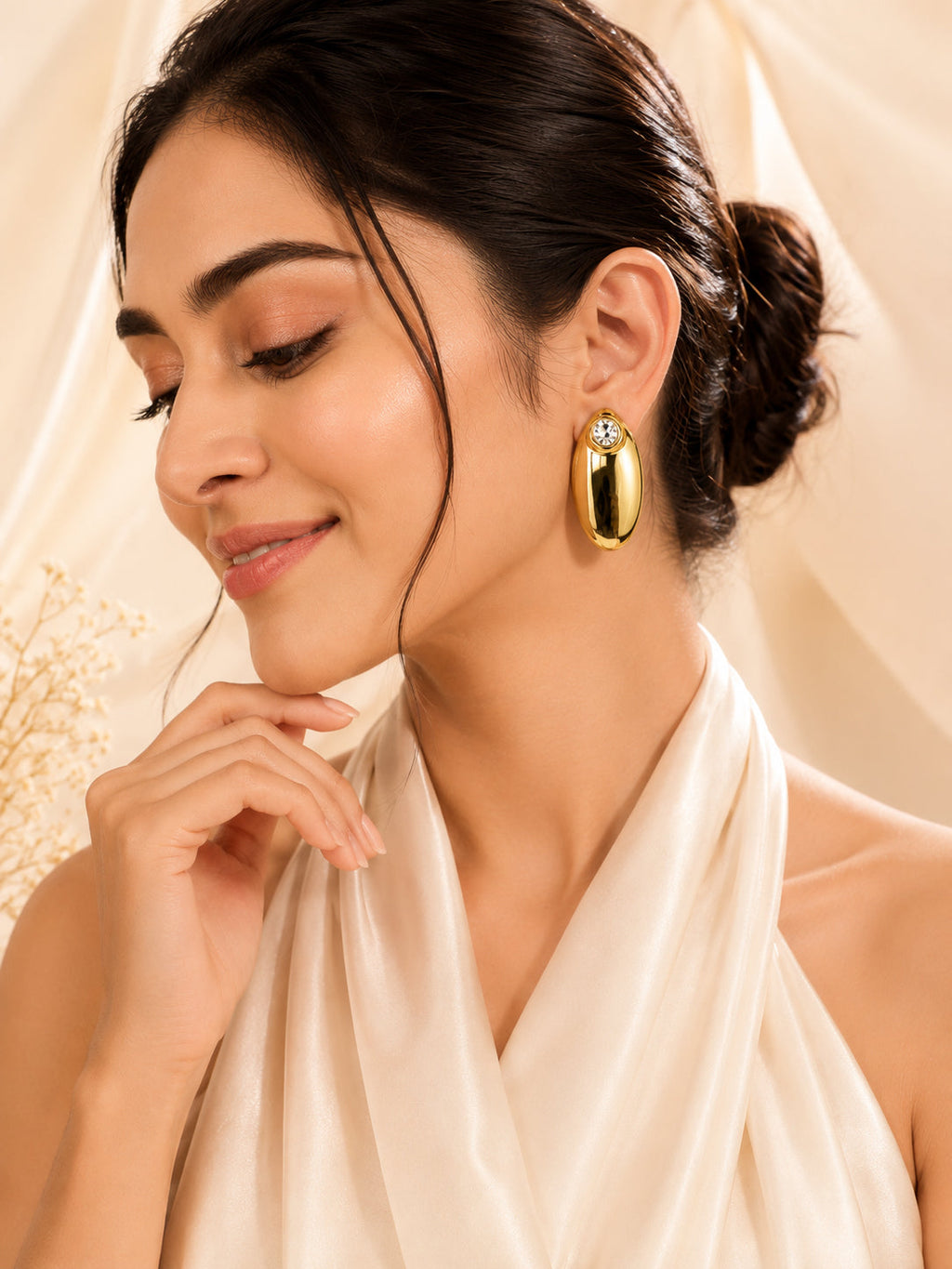 Aanura Crystal Gold Oval Stud Earrings
