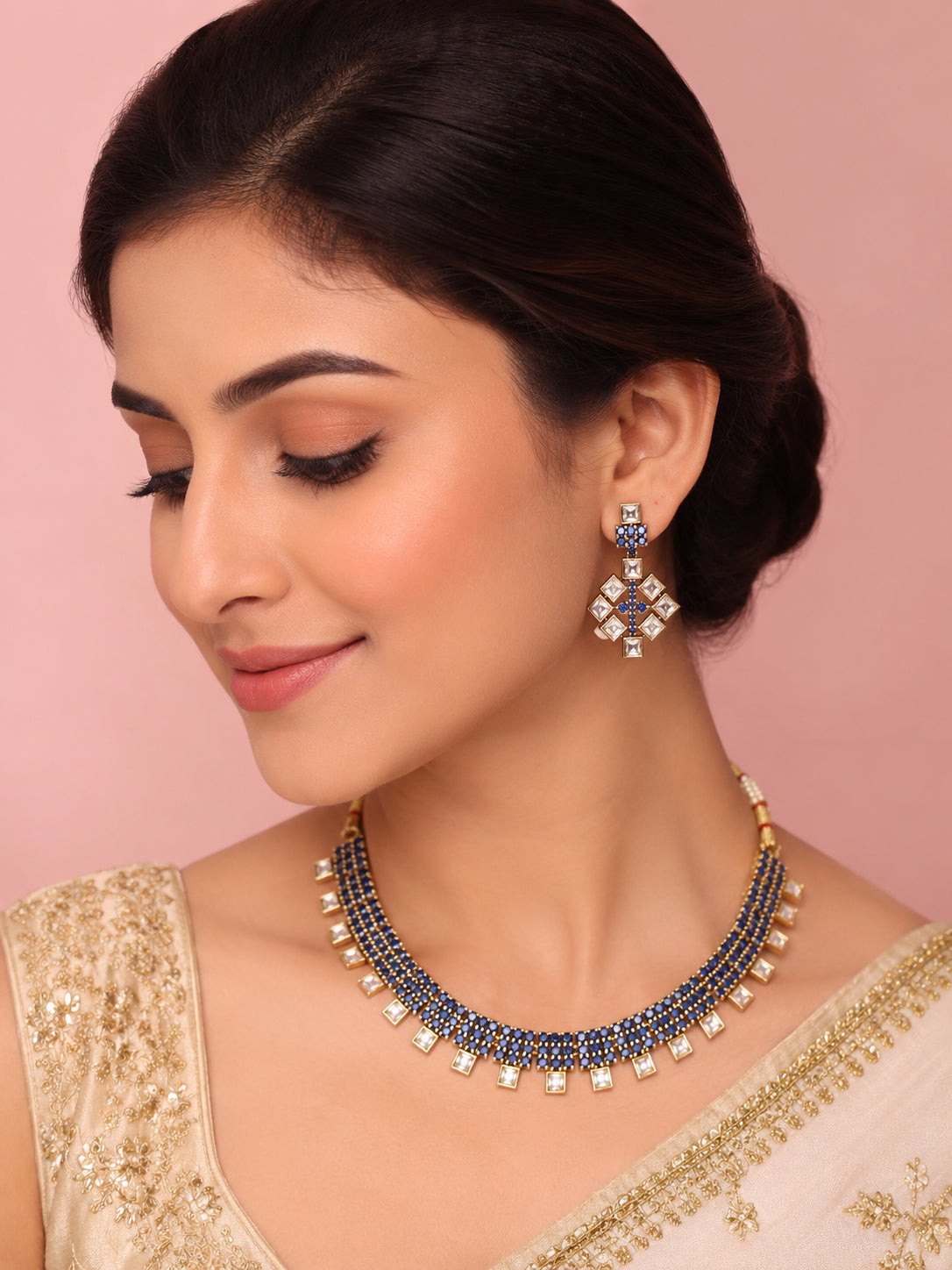 Aanura Green Beaded Choker Necklace Set with Earrings
