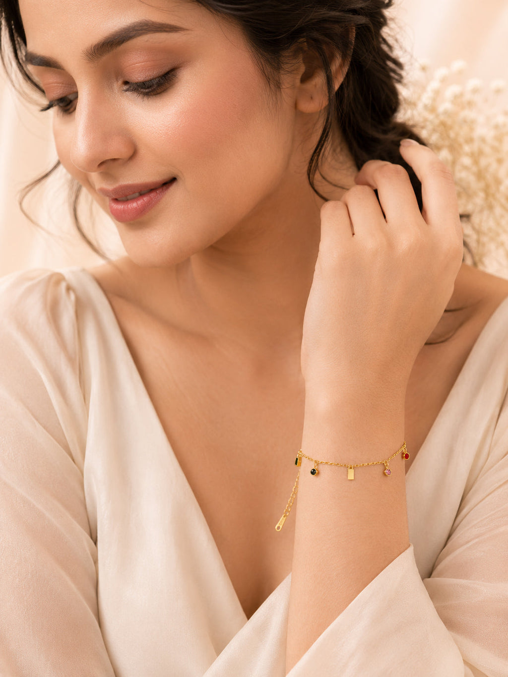 Stainless Steel 18K Gold Plated Multi-Stone Chain Charm Bracelet