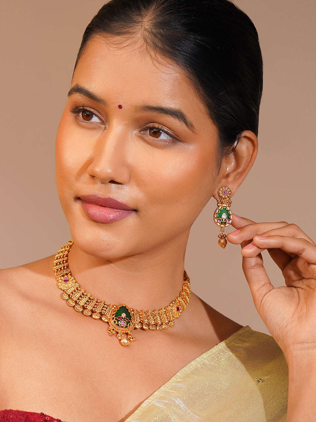 Aanura Gold Plated Emerald Aura Necklace Set