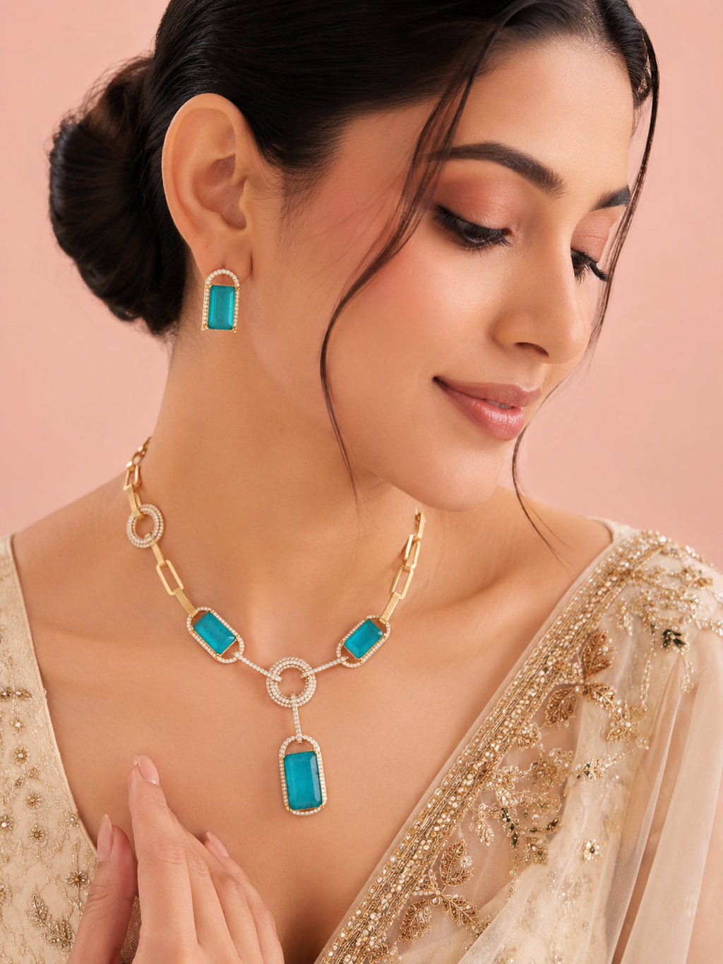 Aanura Yellow Stone Modern Necklace Set with Earrings