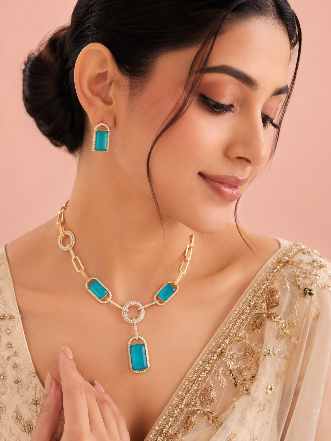 Aanura Yellow Stone Modern Necklace Set with Earrings