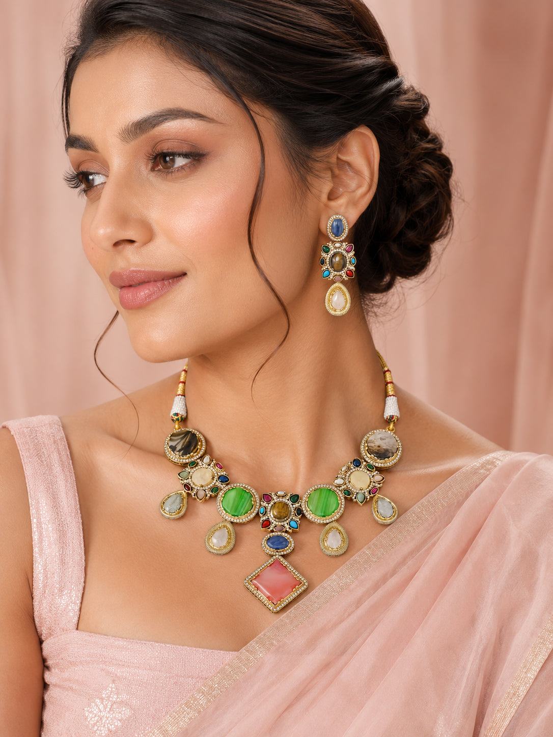 Aanura Navratna Statement Necklace with Multicolor Stones