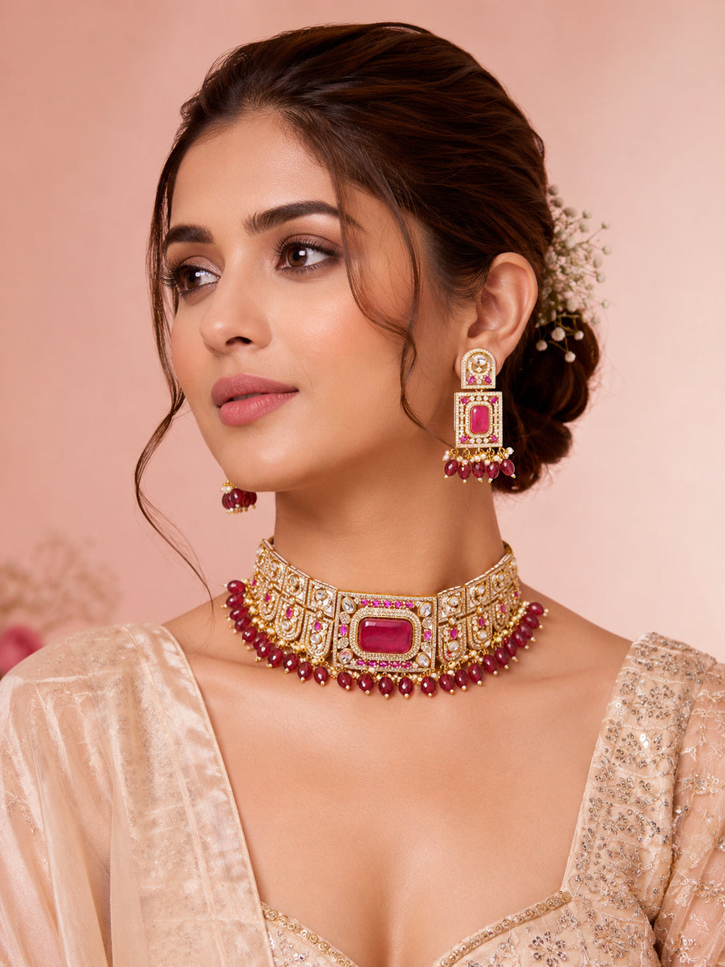 Aanura Red Stone Bridal Choker Set with Earrings