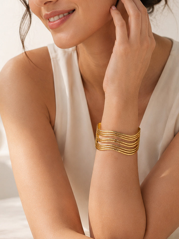 Aanura Wave Pattern Gold Cuff Bracelet