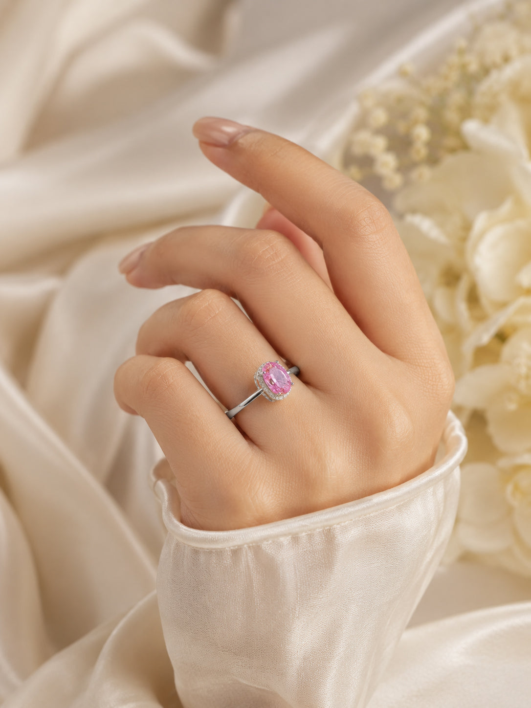 Rhodium Plated Pink Halo Anti-Tarnish Waterproof Ring