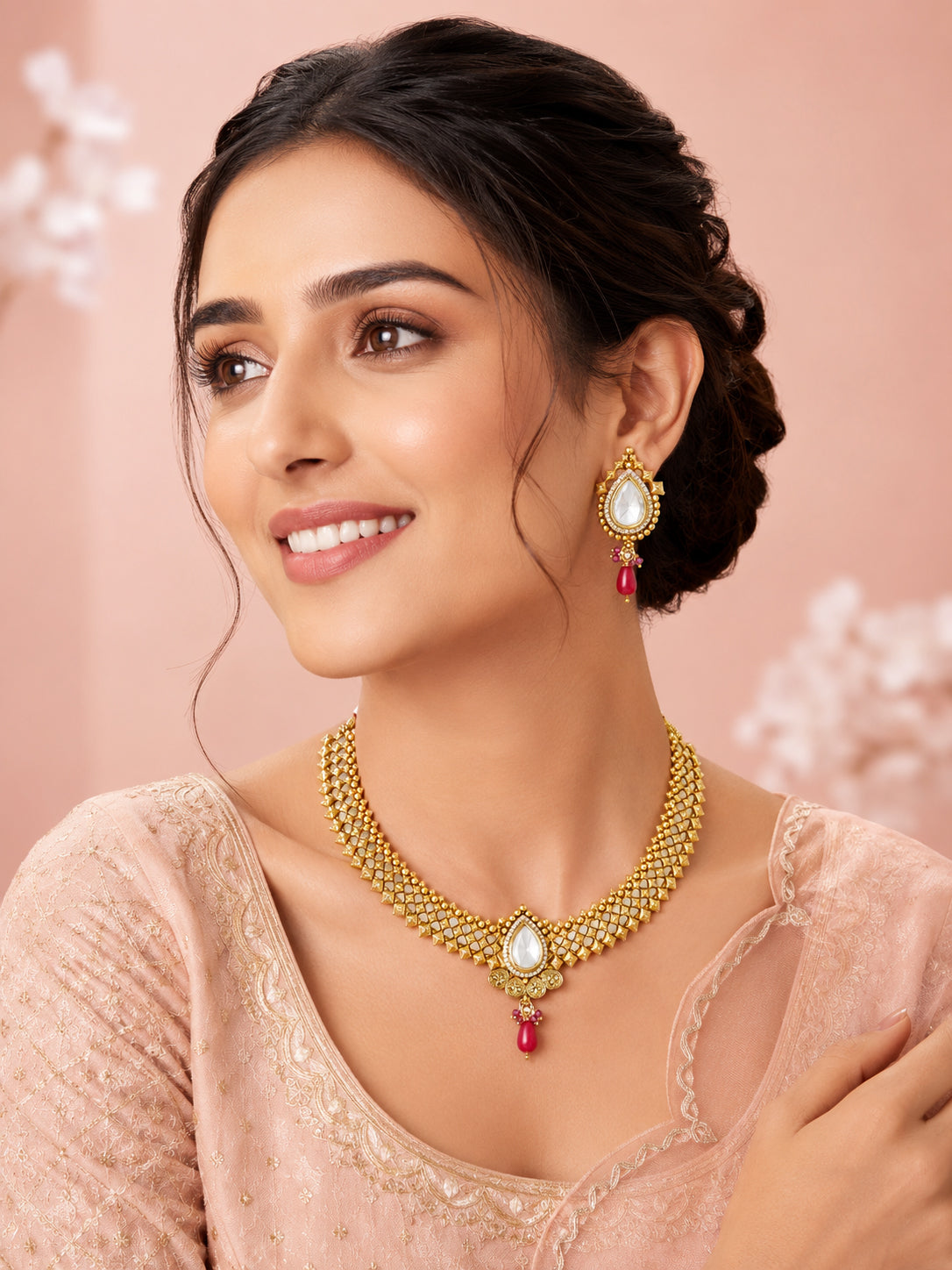 Aanura Antique Pearl Drop Kundan Choker Necklace Set