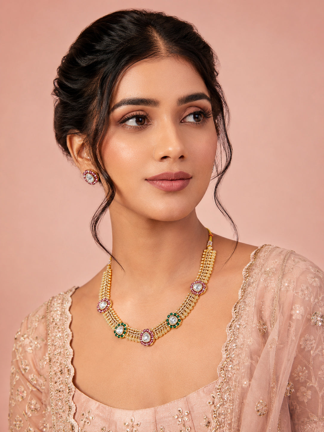 Aanura Delicate Floral Kundan Necklace Set with Earrings