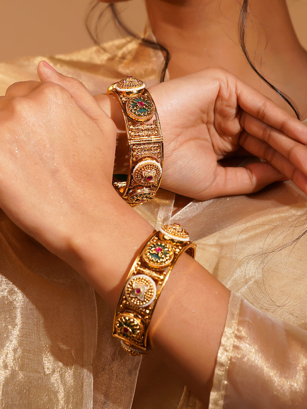 Aanura Gold Plated Antique Motif Stone Bangle