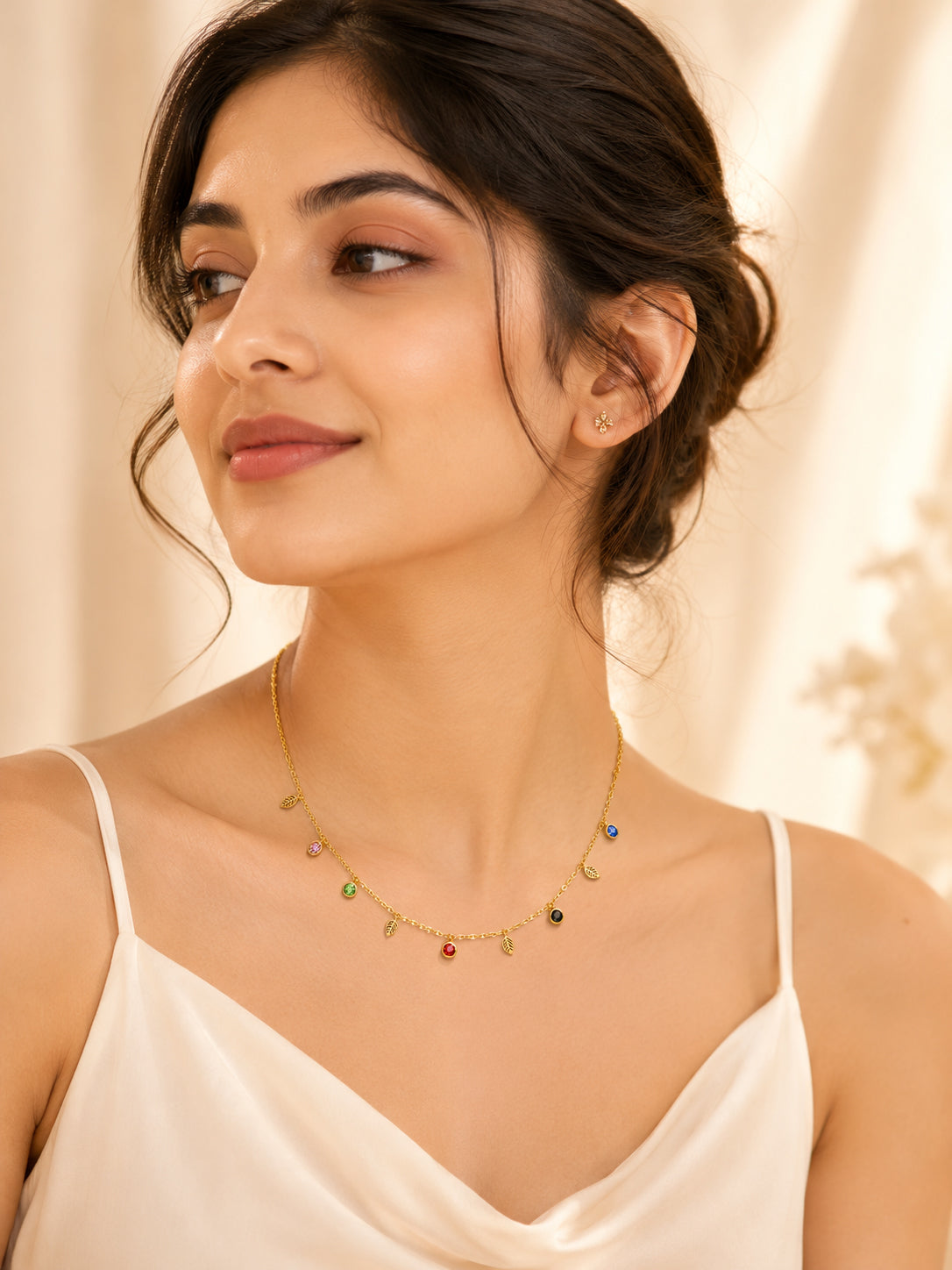 18K Gold Plated Leaf & Colour Stone Charm Necklace