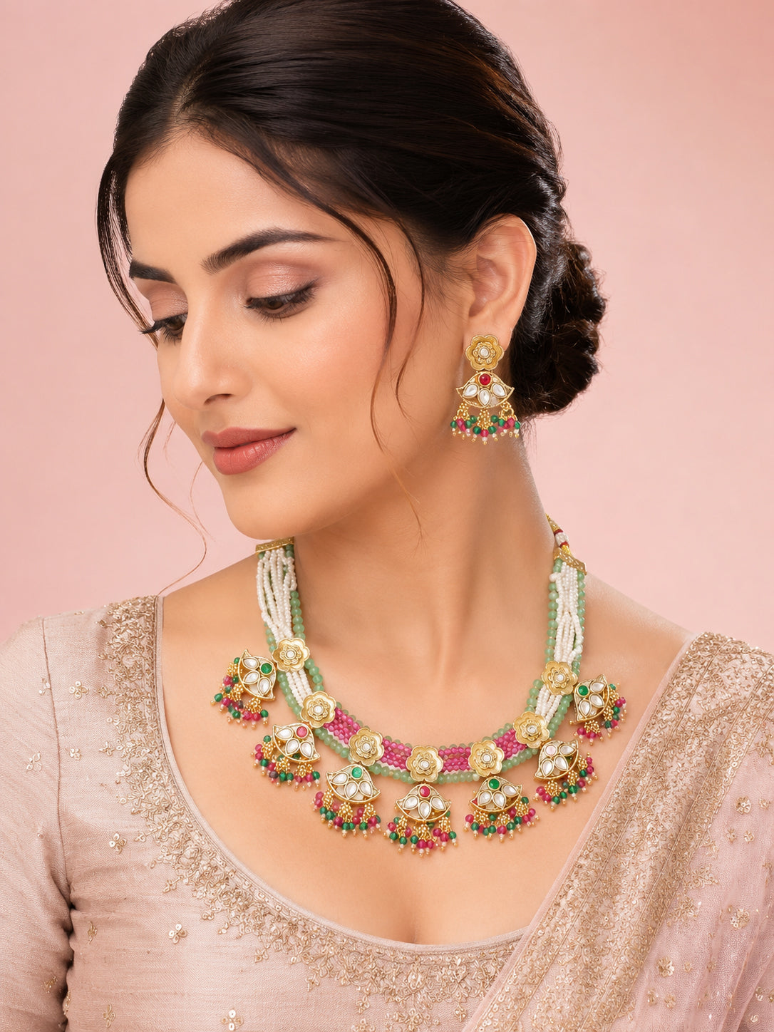 Aanura Floral Kundan Choker Necklace with Beaded Drops