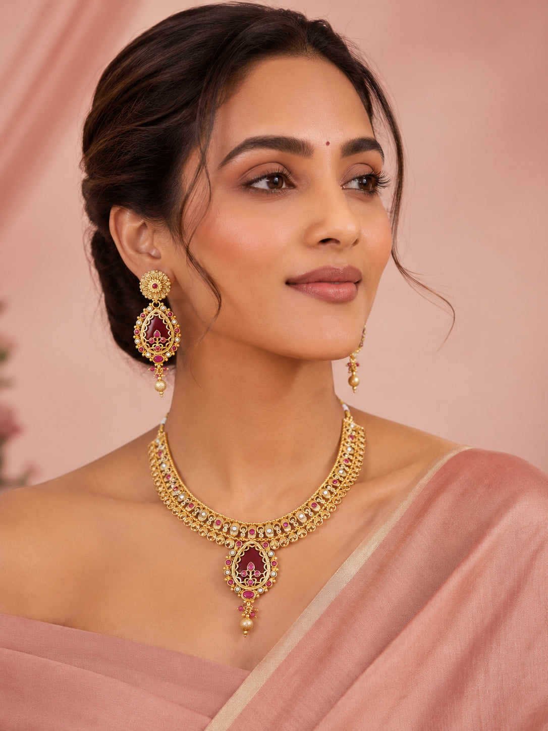 Aanura Antique Necklace with Ruby Teardrop Pendant