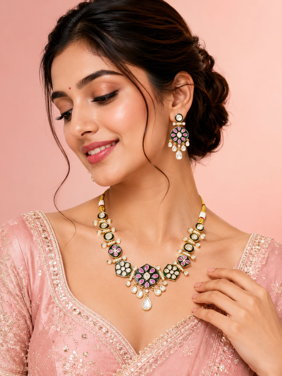 Aanura Purple Kundan Pendant Necklace & Earrings