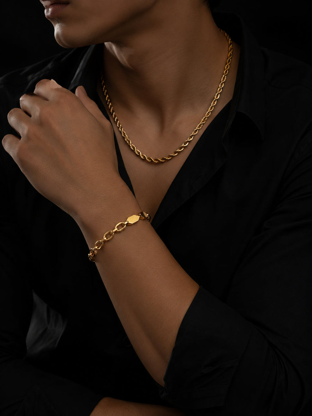 18K Gold Plated Rope Chain & Link Bracelet Combo for Men