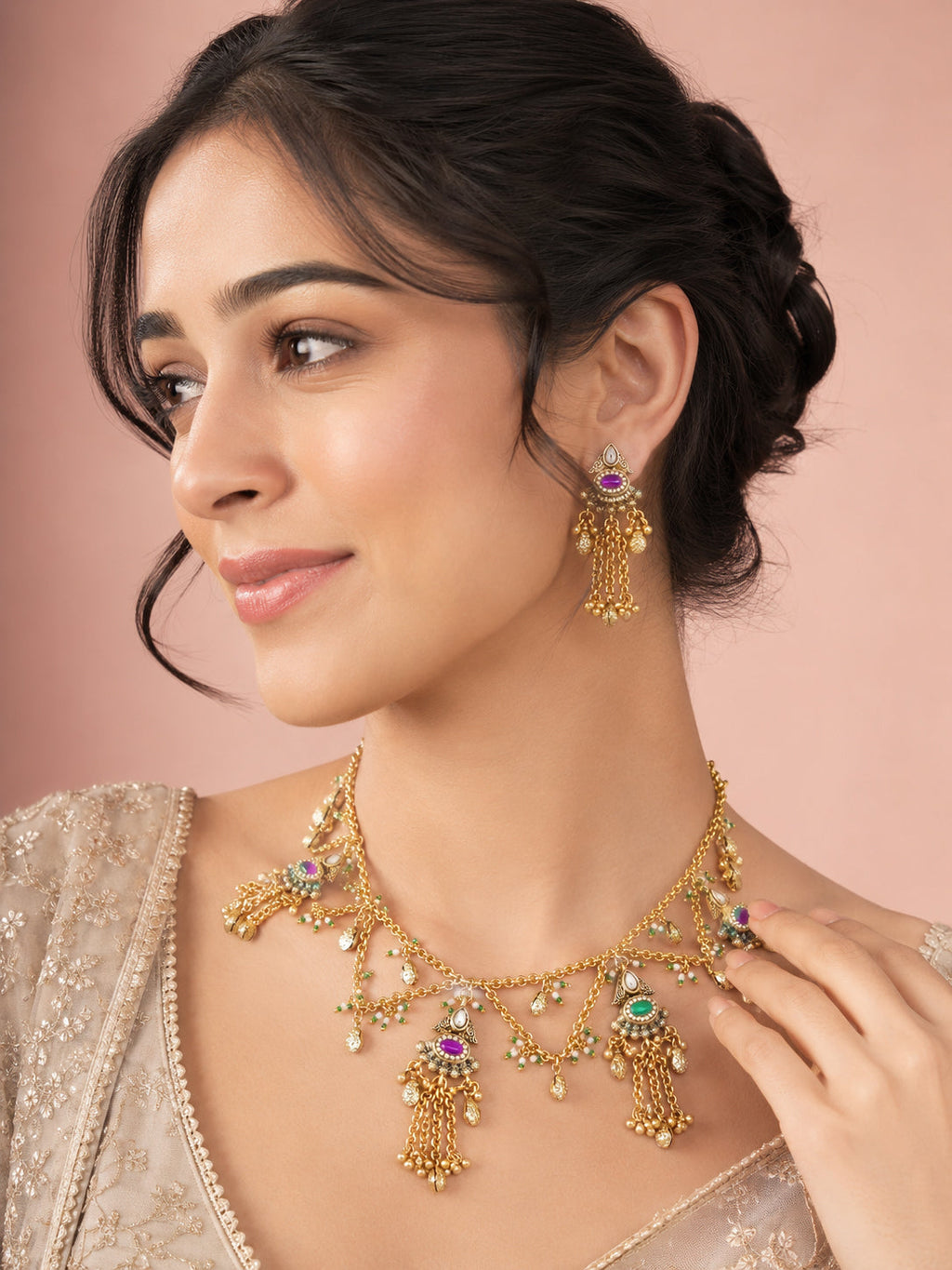 Aanura Cascading Chain Necklace Set with Green & Purple Stones