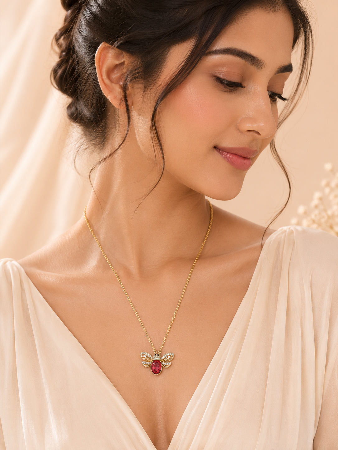 Red Stone Wing Charm Necklace with 18K Gold Plating