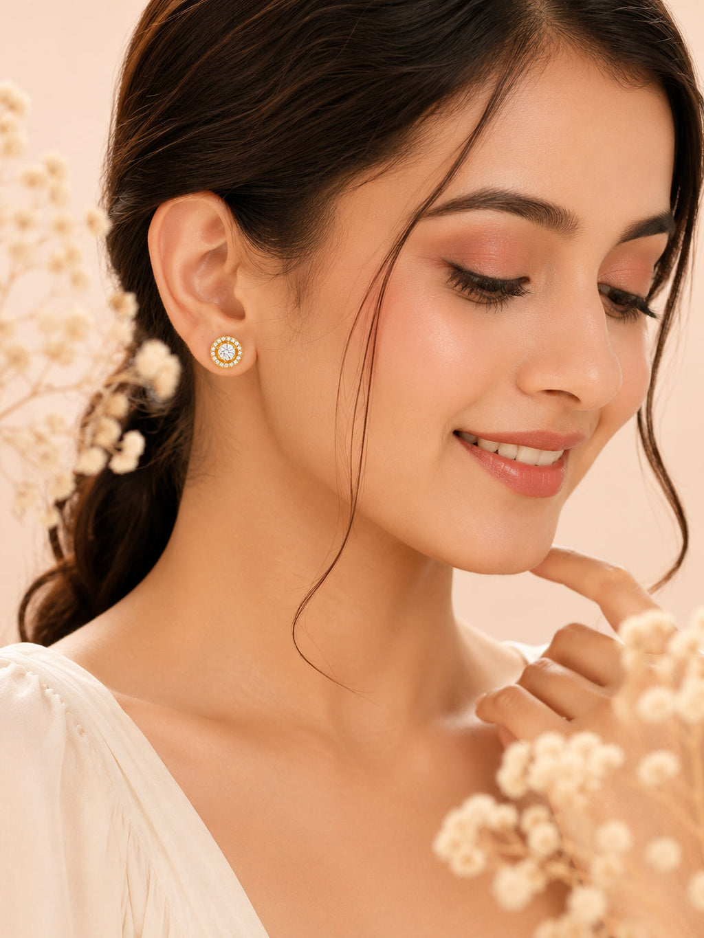 Tarnish-Resistant Halo Crystal Stud Earrings in 18K Gold Plating