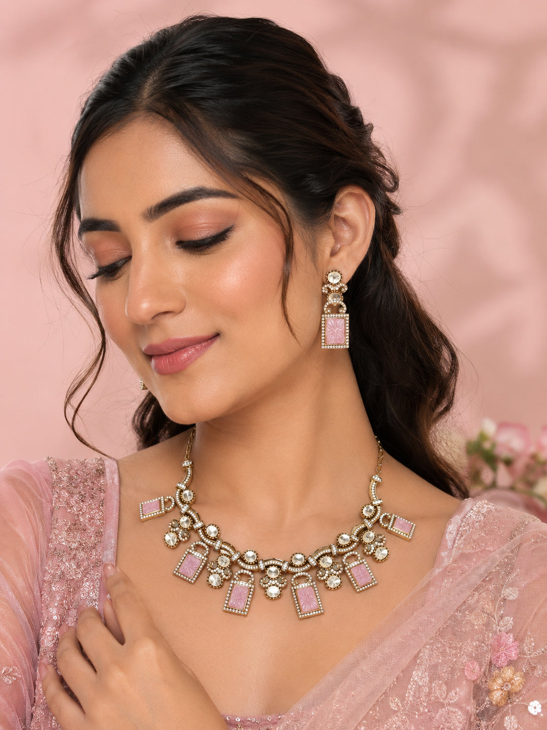 Aanura Green Carved Stone Choker Necklace Set with Earrings