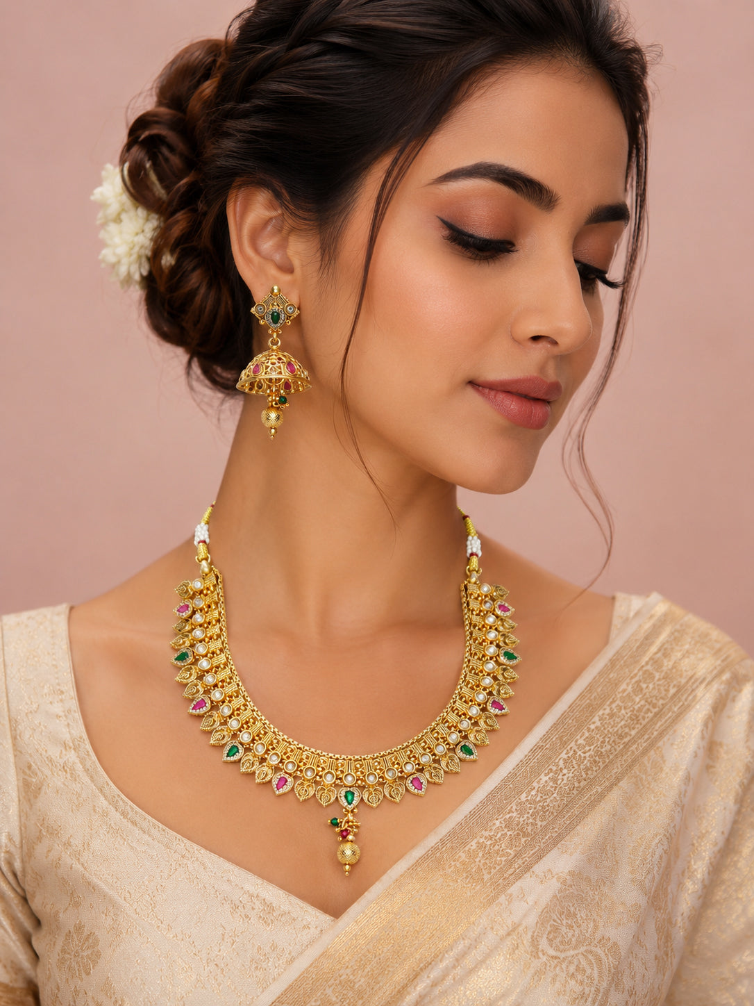 Aanura Antique Gold Choker Necklace with Drop Earrings