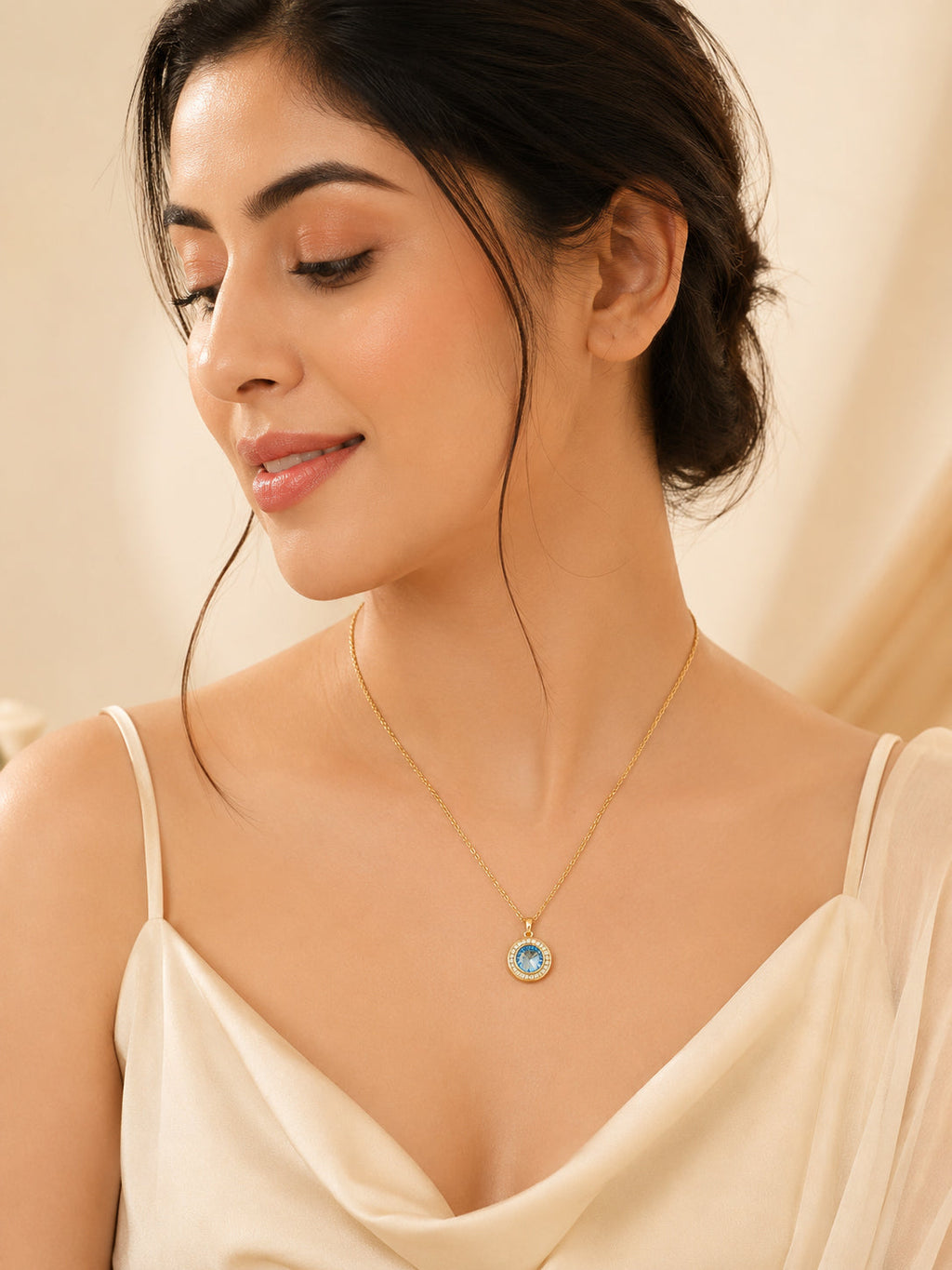 18K Gold Plated Sea Blue Halo Crystal Pendant Necklace