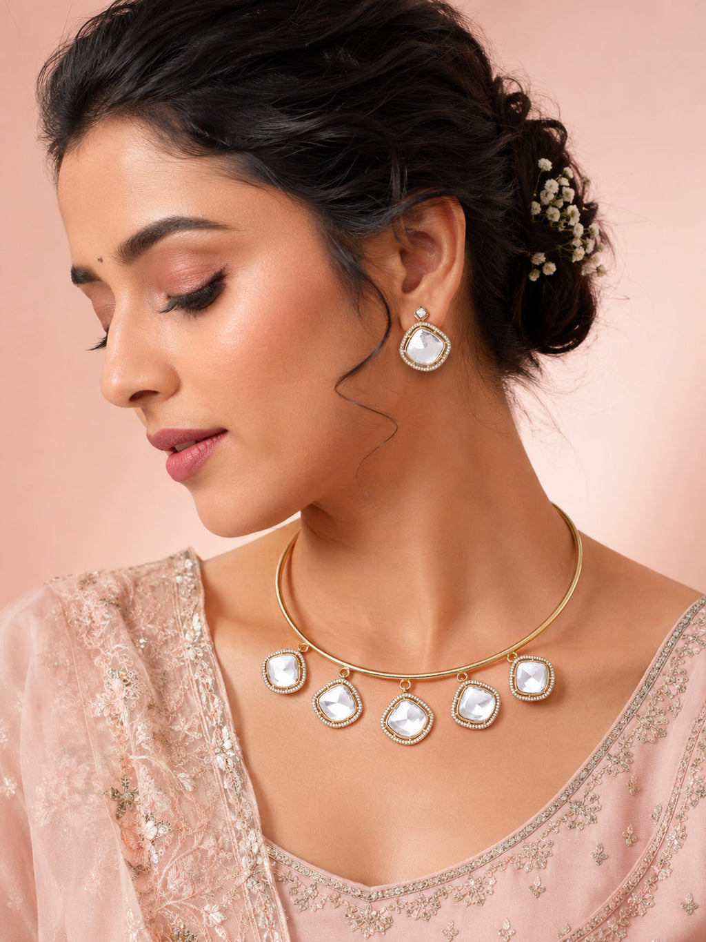 Aanura Statement Kundan Necklace with Mirror Crystals