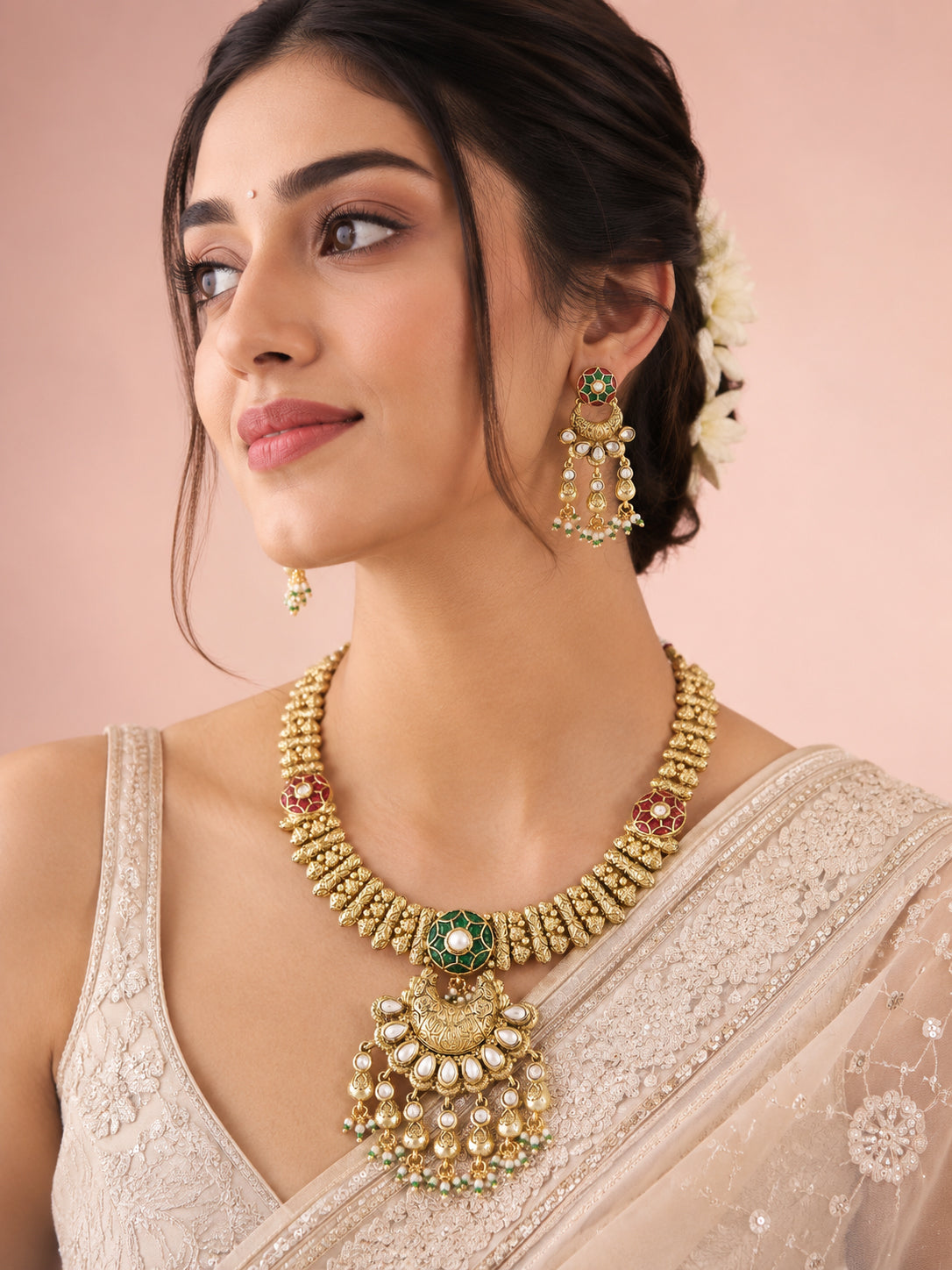 Aanura Bridal Kundan Pearl Choker Necklace with Earrings