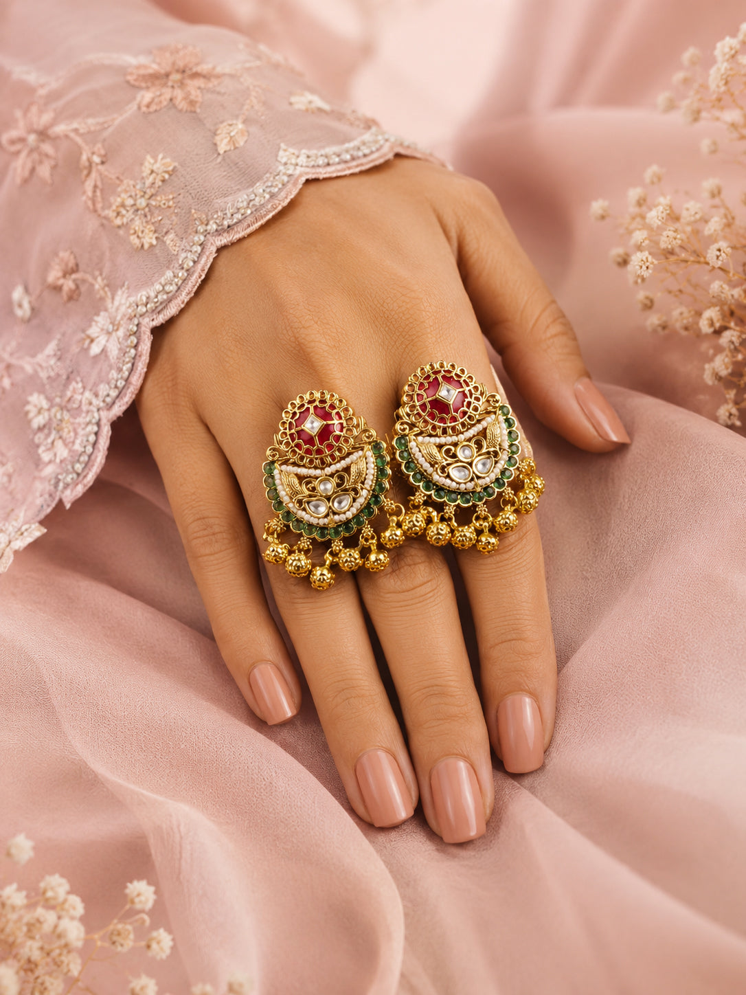 Aanura Gold-Plated Ruby Chandbali Ring