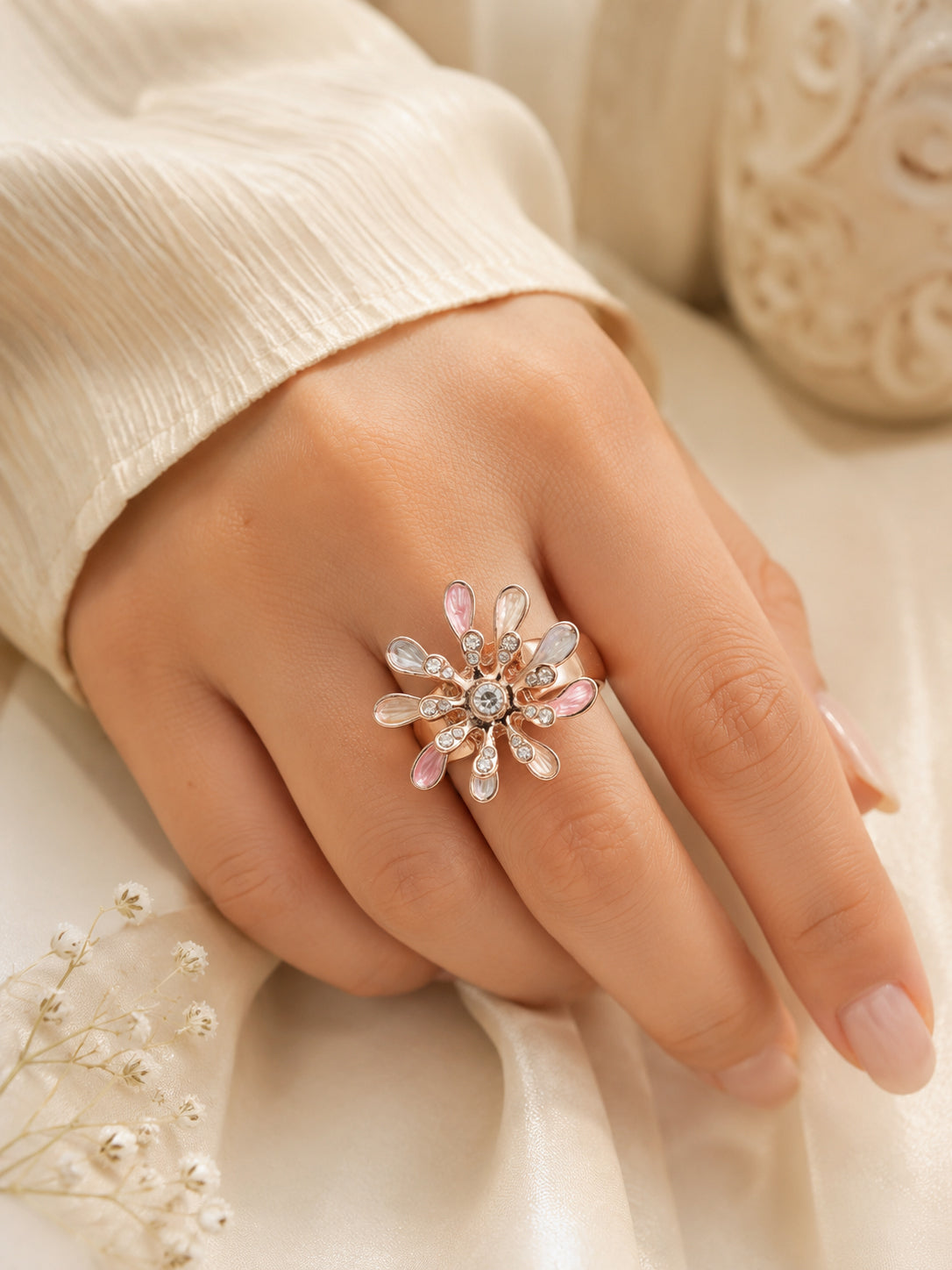 18K Gold Plated Floral Crystal Anti-Tarnish Waterproof Ring