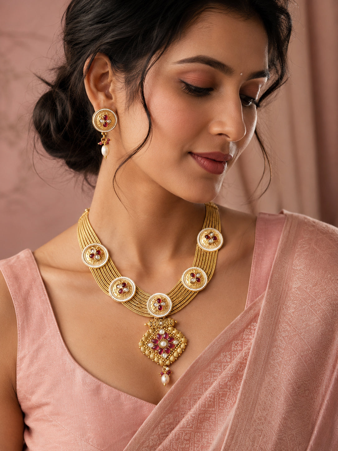Aanura Antique Long Necklace with Ruby Pendant & Pearls