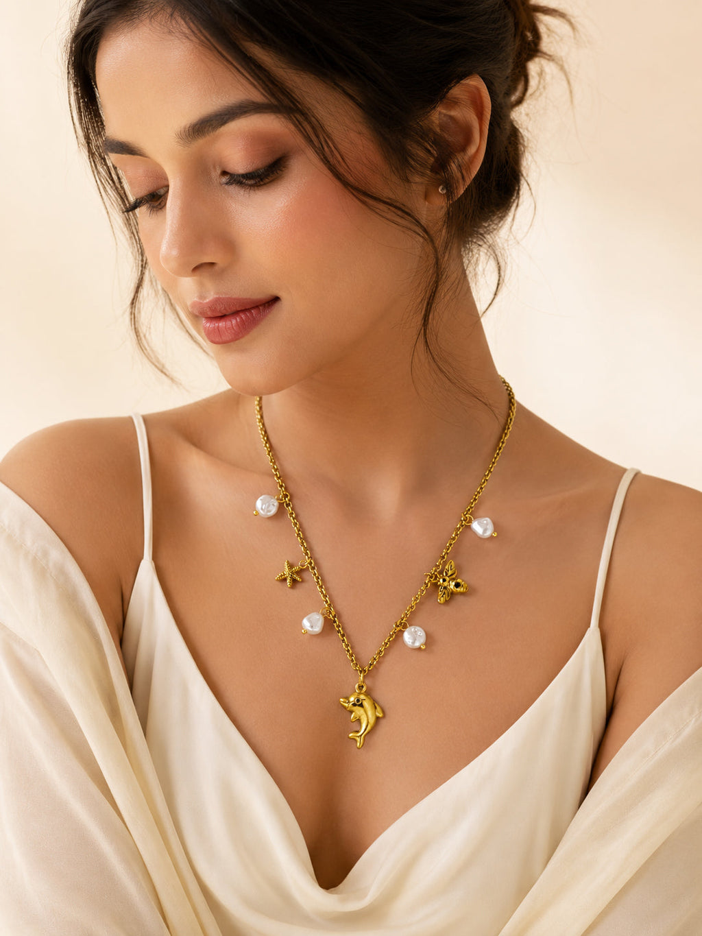 Dolphin & Pearl Charm Necklace with 18K Gold Plating