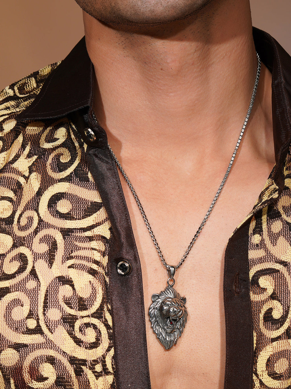 Rhodium-Plated Lion Pendant Waterproof Stainless Steel Chain for Men