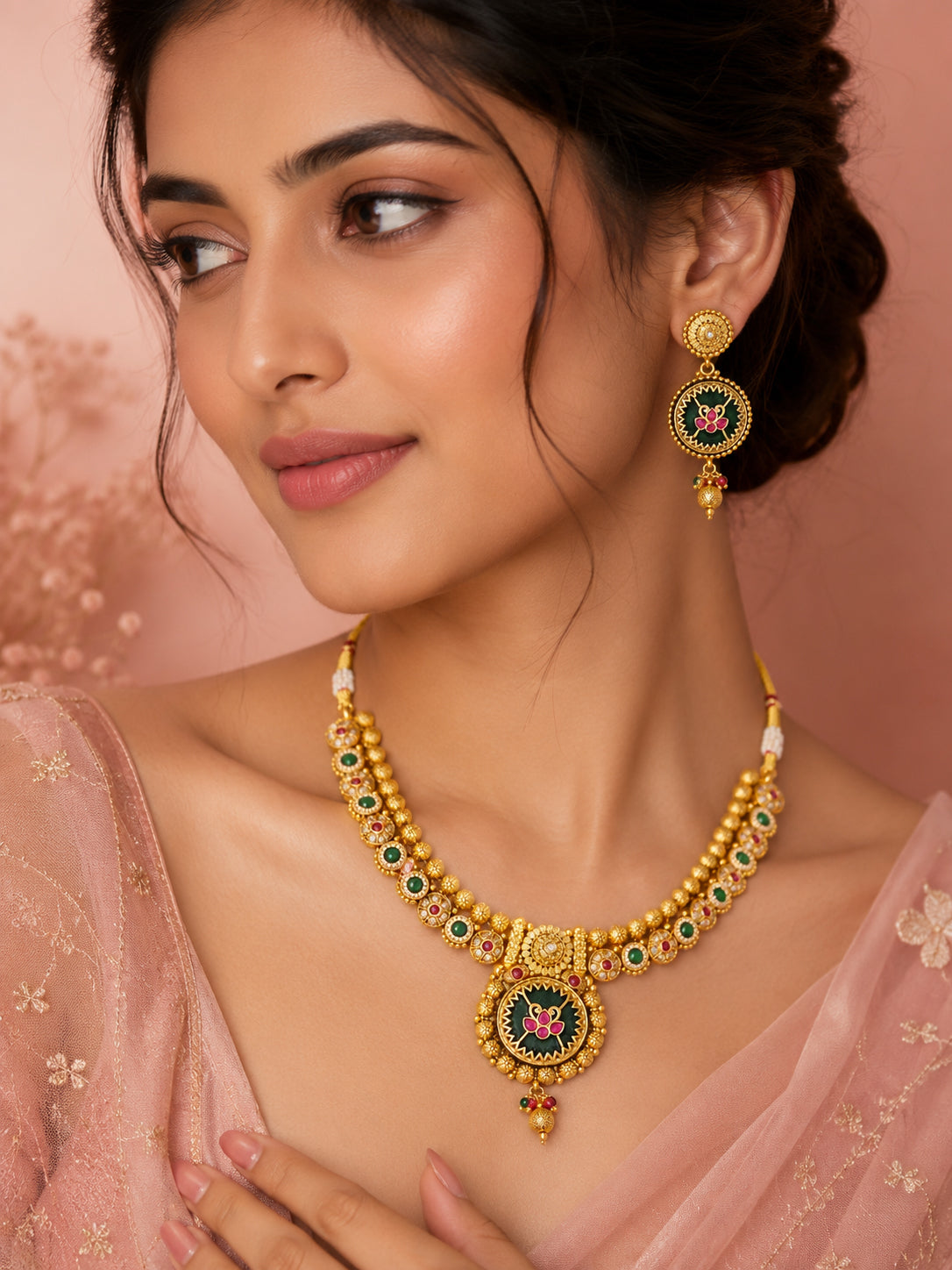 Aanura Circular Heritage Necklace with Green Stones