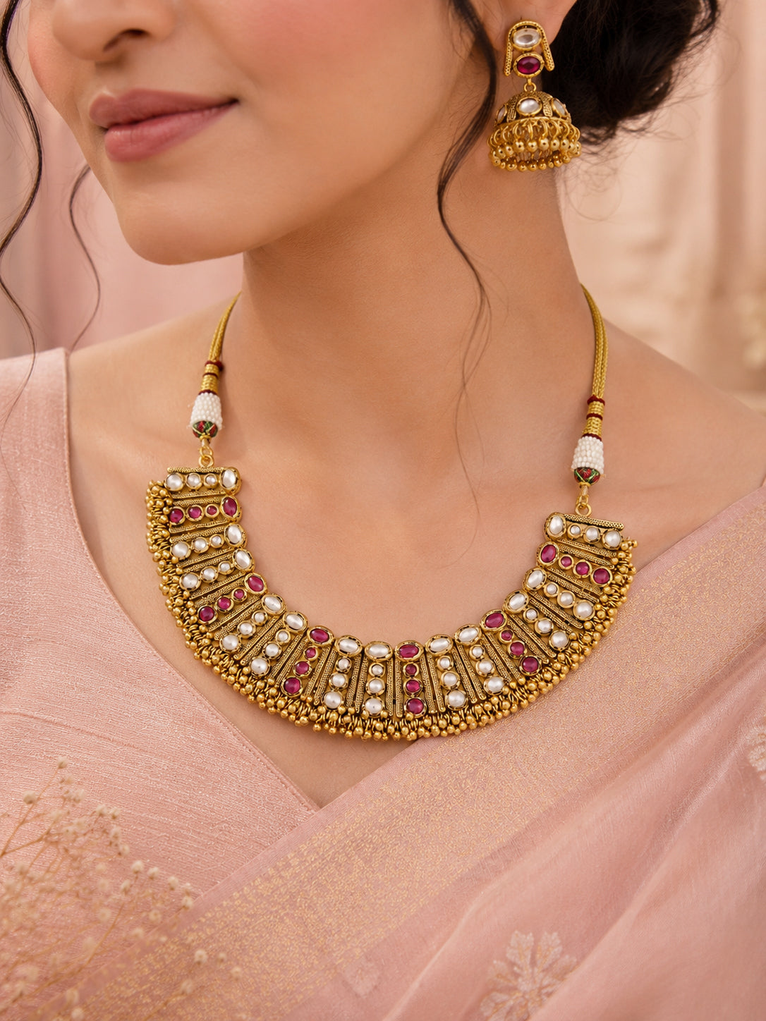Aanura Antique Gold Ruby & White Stone Choker Set