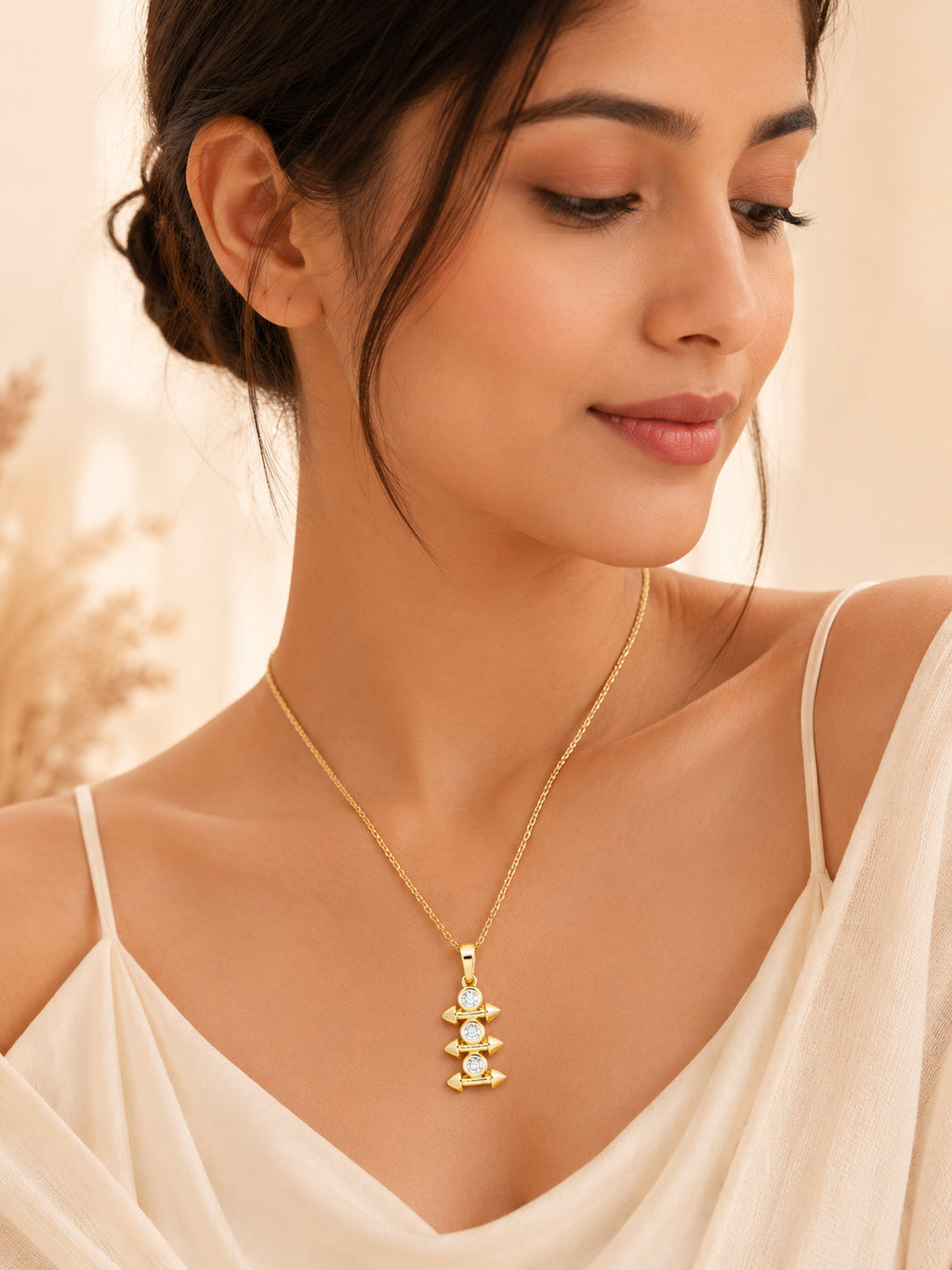 Triple Crystal Arrow Bar Necklace with 18K Gold Plating